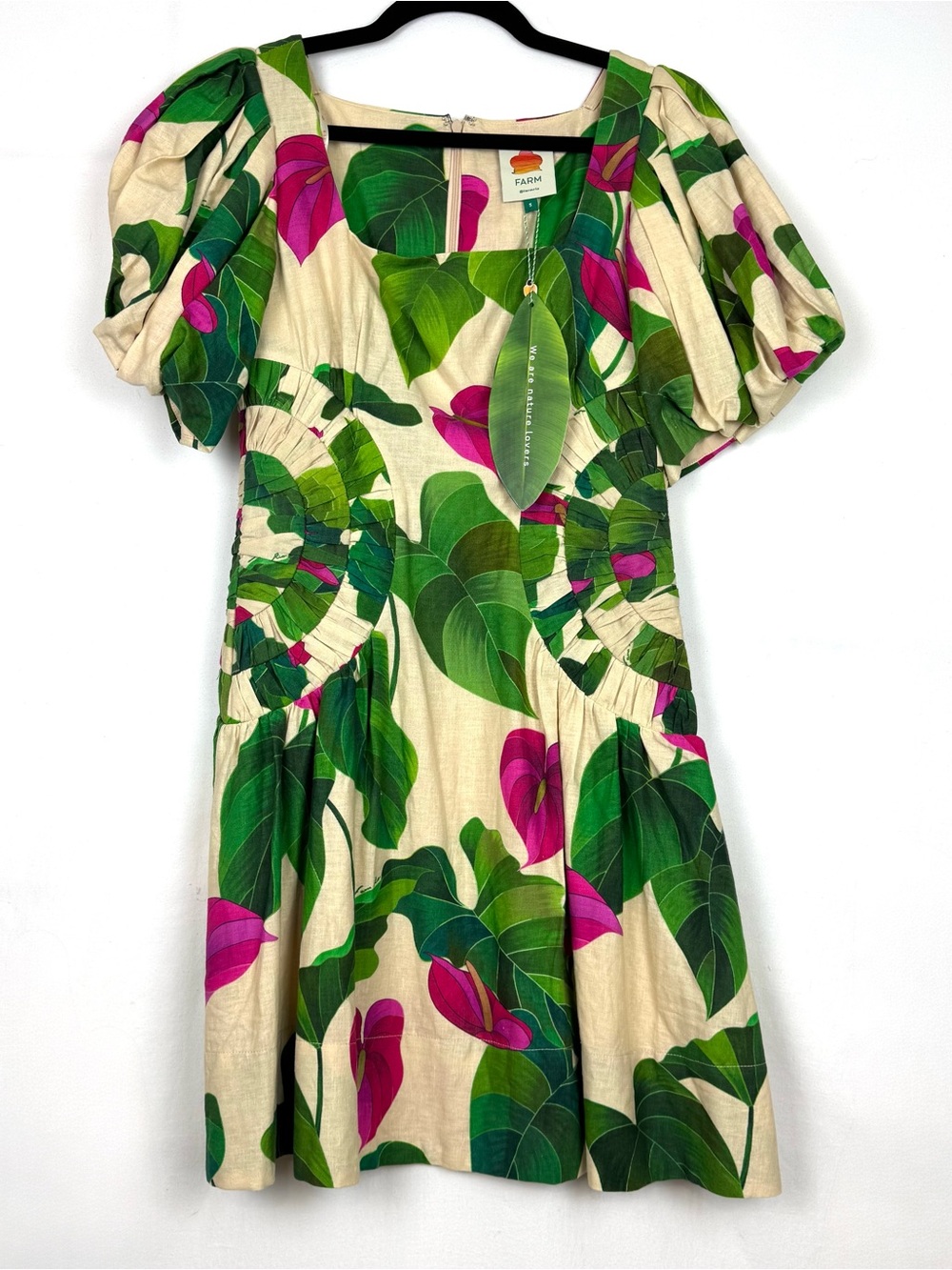 New With Tags FARM Rio Cream Midi Dress with Pink Anthurium & Green Leaves Small - Picture 4 of 14